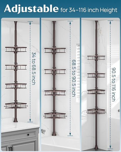 SEIRIONE Rustproof Shower Corner Caddy Organizer for Bathroom, Tension Pole with 4 Baskets, for Bathtub Storage Rack, 34 to 116 Inch Height, Bronze