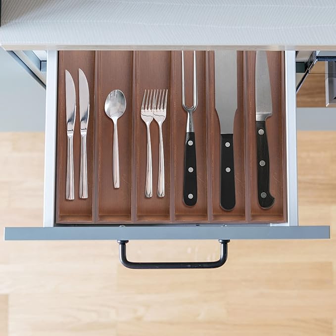 PRATIQUE Bamboo Drawer Organizer,Kitchen Utensil Organizer Silverware Tray,Cutlery Holder, Wood Storage Box for Flatware, Makeup, Bathroom, Office Desk,15 * 3 * 2,Nut-brown