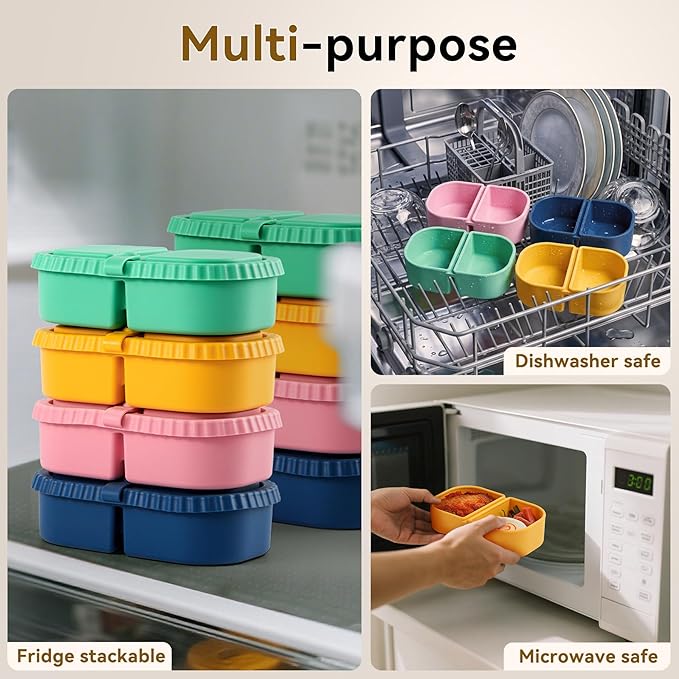 4 Pack Silicone Reusable Snack Containers with Lids - 8 oz Double Compartment Snackle Box for Kids & Adults, BPA-Free & Leakproof, Small for Dressing, School, Office