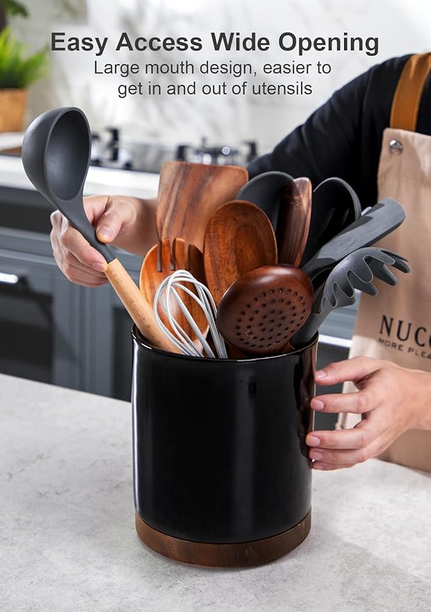Nucookery 360°Rotating Utensil Holder, 7.2" Large Utensil Crock, White Ceramic Cooking Utensil Organizer,Farmhouse Kitchen Decor Christmas Thanksgiving Gift (Black)