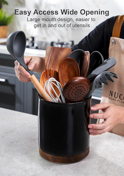 Nucookery 360°Rotating Utensil Holder, 7.2" Large Utensil Crock, White Ceramic Cooking Utensil Organizer,Farmhouse Kitchen Decor Christmas Thanksgiving Gift (Black)