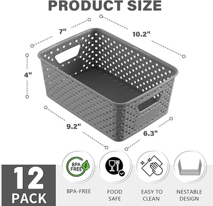 12 Pack Plastic Storage Baskets for Organizing, Storage Baskets for Shelves with Handles, Small Storage Bins with Labels, Organizer Baskets for Cabinet,Closet, Office,Gray