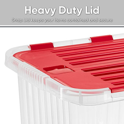 Superio Red Storage Box with Red Hinged Lids, Plastic Container Bins for Organizing with Attached Lid, Stackable Crates, BPA Free, Organizers for Home and Office, 53Quart (20.25"x14"x14.6")