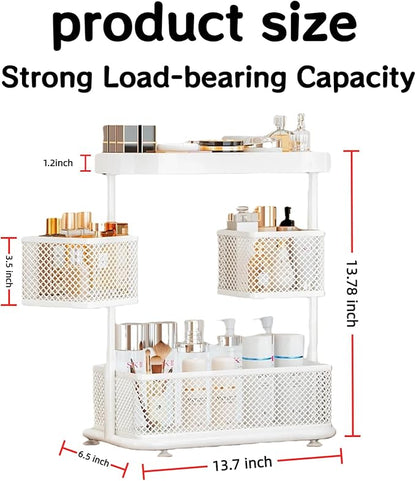 Bathroom Counter Organizer 3 Tier Rotating Cosmetic Holder Standing Shelf Vanity Bedroom Storage Cabinet Bathroom Tray for Countertop Storage Kitchen Spice Rack (White, 3Tiers)