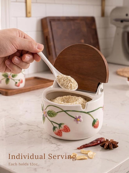 Ceramic Salt and Pepper Cellar Set with Spoons, Lids, and Tray | Decorative Strawberry Condiment Servers for Spices, Sugar, Seasonings, and More | Cottagecore Kitchen Decor, Holds 12oz. Each