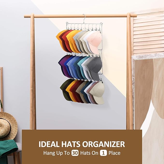 ZEDODIER Hat Hanger Hat Rack for Baseball Caps, 30 Hooks, Space Saving Hat Holder Closet Organizers and Storage, Silver