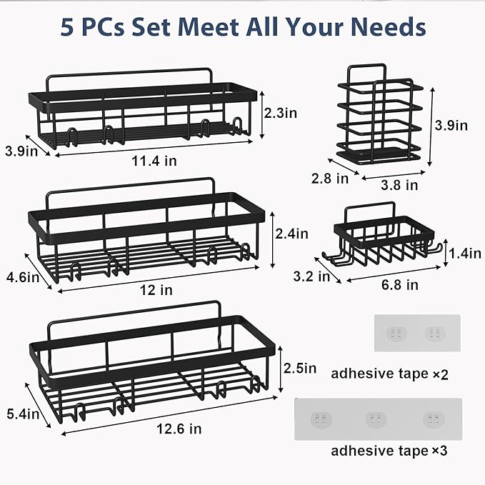 Liuoud 5 Pack Shower Caddy Organizer Rack Shelf for Inside Shower, Adhesive Bathroom Wall Storage Basket Rustproof Stainless Steel Shampoo Holder, Bathroom Accessory Decor Set, Black.
