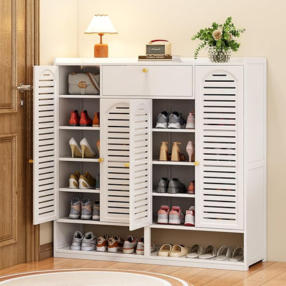 7-Tier Shoe Storage Cabinet with Shutter Doors, Large Capacity Shoe Cabinet With Drawers Sneakers Shoe Rack Shelf for Entryway, Freestanding Shoe Organizer with Thickened Adjustable Shelves for Closet