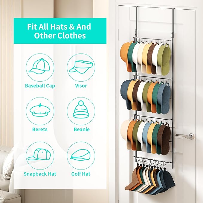 HapiRm Over the Door Hat Organizer - 4 Tier Wall Mounted Hat Rack with 24 Hooks and 10 Movable Clips, Hanging Baseball Cap Organizer Storage Holds to 34 Caps for Door, Bedroom, Closet