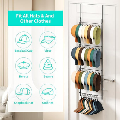HapiRm Over the Door Hat Organizer - 4 Tier Wall Mounted Hat Rack with 24 Hooks and 10 Movable Clips, Hanging Baseball Cap Organizer Storage Holds to 34 Caps for Door, Bedroom, Closet