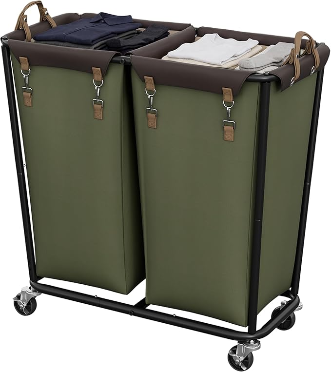 StorageWorks 330L Extra Large Laundry Hamper with Wheels, 2 Sections Laundry Basket with Wheels, Clothes Sorter Cart with Divider for Hotel, Home, Green, 1-Pack