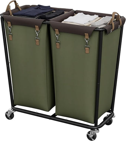 StorageWorks 330L Extra Large Laundry Hamper with Wheels, 2 Sections Laundry Basket with Wheels, Clothes Sorter Cart with Divider for Hotel, Home, Green, 1-Pack
