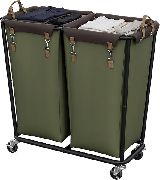StorageWorks 330L Extra Large Laundry Hamper with Wheels, 2 Sections Laundry Basket with Wheels, Clothes Sorter Cart with Divider for Hotel, Home, Green, 1-Pack
