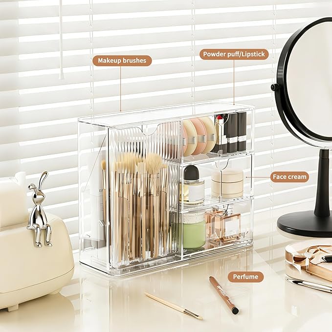 Makeup Organizer with Covered Brush Holder for Bathroom Vanity Countertop, Clear Skincare Storage with Drawers and Removable Dividers, Cosmetic Display Case for Lipsticks, Nail Polishes, Perfumes