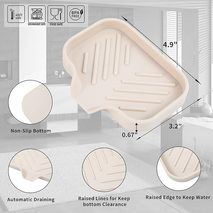 MicoYang Silicone Bathroom Soap Dishes with Drain Spout-Bathroom and Kitchen Sink Organizer,Sponge Holder,Dish Soap Tray,Perfect for Dispenser,Scrubber,Bottle,Cup on Sink or Counter-Tapioca 4.9"×3.2"