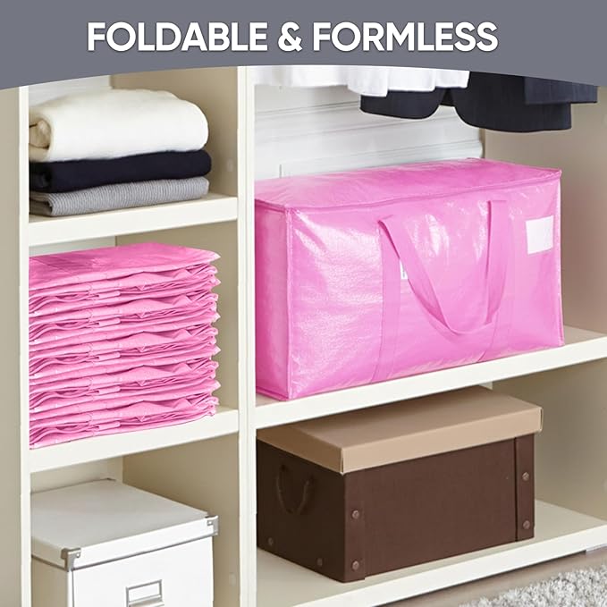 TICONN 6 Pack Extra Large Moving Bags Heavy Duty with Zippers & Carrying Handles, Durable Storage Bags Moving Boxes for Closet Organizers and Storage (6 Pack, Pink)