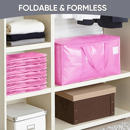 TICONN 6 Pack Extra Large Moving Bags Heavy Duty with Zippers & Carrying Handles, Durable Storage Bags Moving Boxes for Closet Organizers and Storage (6 Pack, Pink)