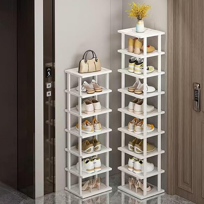 Bamboo Shoe Rack 12 Tier- Vertical Shoe Rack for Small Spaces, Tall Narrow Shoe Rack Organizer for Closet Entryway Corner Garage and Bedroom,Skinny Shoe Shelf with Free Stackable DIY White Storage