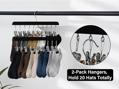 StorageWorks Hat Rack, Closet Organizer and Storage for Baseball Caps,Set of 2 with 10 Adjustable Stainless Steel Clips, Fits All Caps, Black