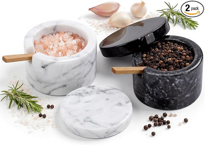 FoldTier 2 Set Marble Salt Cellar with Lid and Wooden Spoon Handcrafted Marble Salt Container Natural Spice Jars White Gray for Pepper Seasonings Small Round for Kitchen