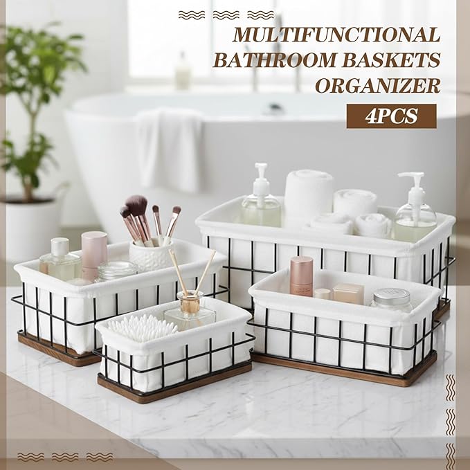 4 Pack Metal Basket with Liner Wooden Bottom Bathroom Baskets Organizer Multiple Sizes Wire Storage Rustic Farmhouse Decor for Home Kitchen Toilet Cabinets Pantry Laundry Room