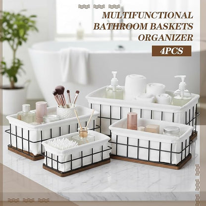4 Pack Metal Basket with Liner Wooden Bottom Bathroom Baskets Organizer Multiple Sizes Wire Storage Rustic Farmhouse Decor for Home Kitchen Toilet Cabinets Pantry Laundry Room