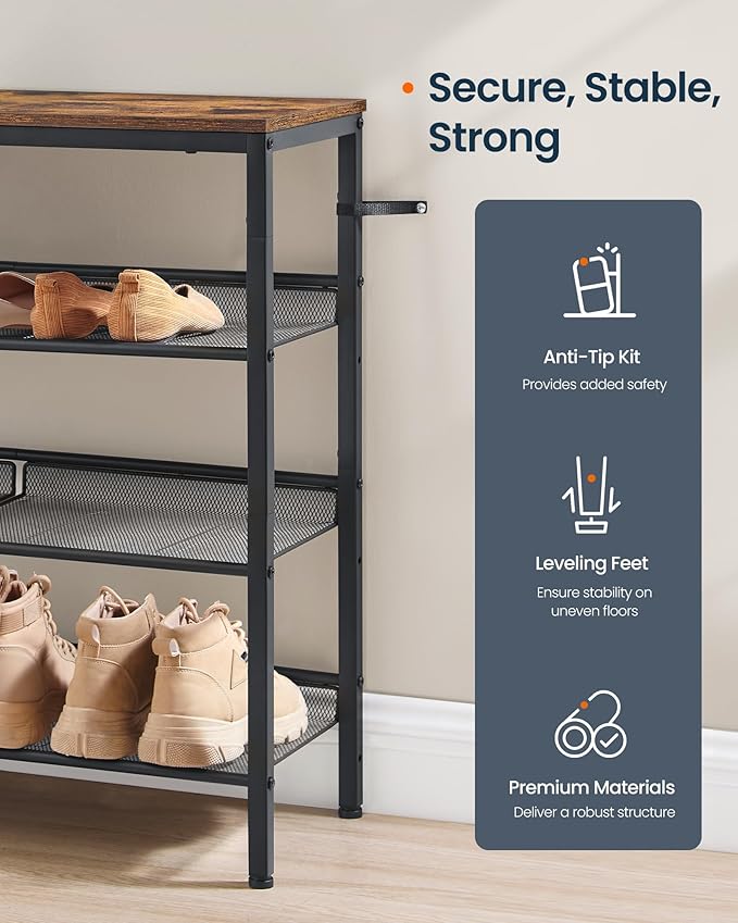 SONGMICS HOME 4 Tier Shoe Storage Organizer, Freestanding Shoe Rack, Dense Mesh, for Living Room, Bedroom, Entryway, Rustic Brown and Black