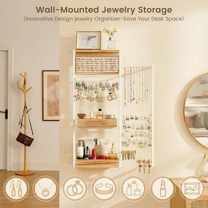 Pinzoveco Hanging Jewelry Organizer Wall Mounted, Large Hanging Jewelry Organizer Holder for Necklaces,Bracelest,Earrings,Rings,Watched,Makeup & Perfume (White)