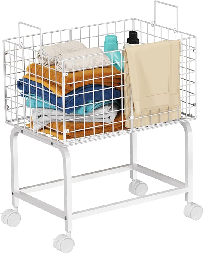 Wire Laundry Cart with Wheels,80L Rolling Laundry Basket Trolley with Pull Handle,White High Laundry Basket Cart for Laundry Room,Bathroom,Bedroom-White(23.6 * 15.75 * 28inch)