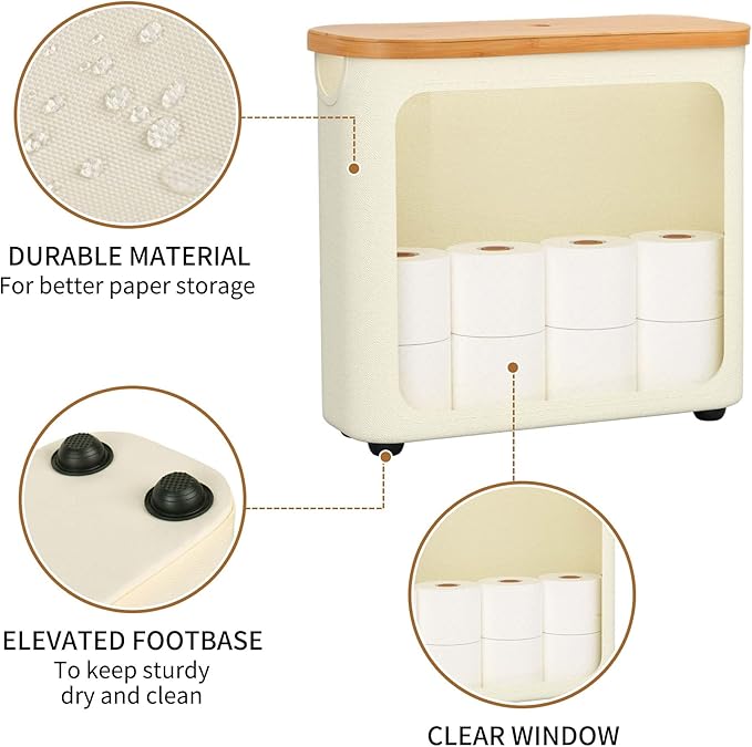 Toilet Paper Storage with Bamboo Lid,Foldable Basket Organizer for Bathroom, Holds 9 Mega/12 Regular Rolls, Waterproof Toilet Paper Holder Storage with Non-Slip Base,Beige