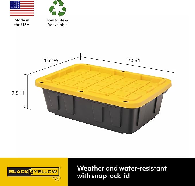 CX BLACK & YELLOW, 15-Gallon Heavy Duty Tough Storage Container & Snap-Tight Lid, (9.5H x 20.6W x 30.6D), Weather-Resistant Design and Stackable Organization Tote [3 Pack]