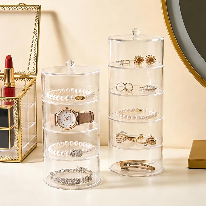 5 Layers Acrylic Belt Organizer, Stackable Storage Box Clear Display Case for Belts, Jewelry, Watches, Hair Accessories, Vanity and Closet, 2.6 Inch Height by 5.5 Inch Diameter