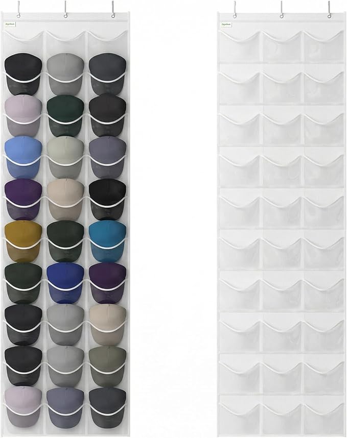Baseball Hat Rack, 24 Pocket Over-The-Door Hat Organizer with Clear Deep Pockets to Display Baseball Caps Collection, Complete with 3 Over Door Hooks (White, 30 Pockets)