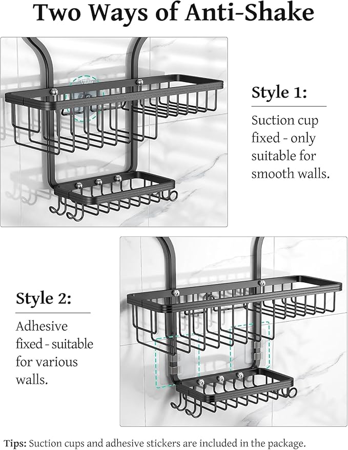 YASONIC Never-Rust Aluminum Hanging Shower Caddy – Over-the-Showerhead Organizer with 10 Hooks for Razor and Sponge – Includes Soap Basket – Black