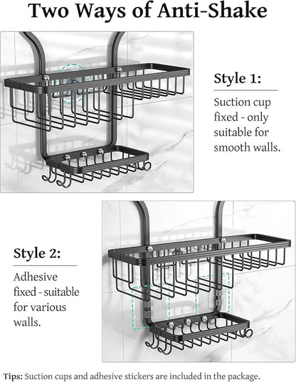 YASONIC Never-Rust Aluminum Hanging Shower Caddy – Over-the-Showerhead Organizer with 10 Hooks for Razor and Sponge – Includes Soap Basket – Black