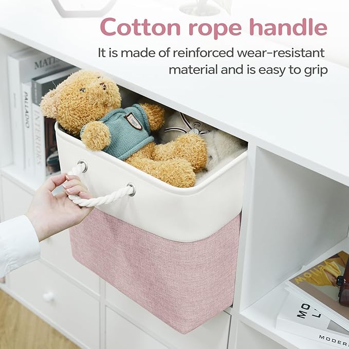 12 x 12 Inch Cube Storage Bins, 4 Pack Fabric Storage Basket with Handles, Foldable Boxes Organizer for Shelf Baskets for Home, Clothes (White/Pink)