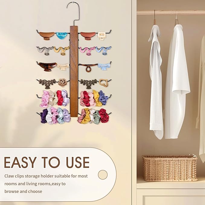SNOWSTAR Claw Clip Organizer and Scrunchie Holder,6-Tier Iron Rod Hair Clip Holder Hanger for Women Girls,Metal&Wood Claw Clips Organizer Hanger Home Decor for Wall,Door,Closet