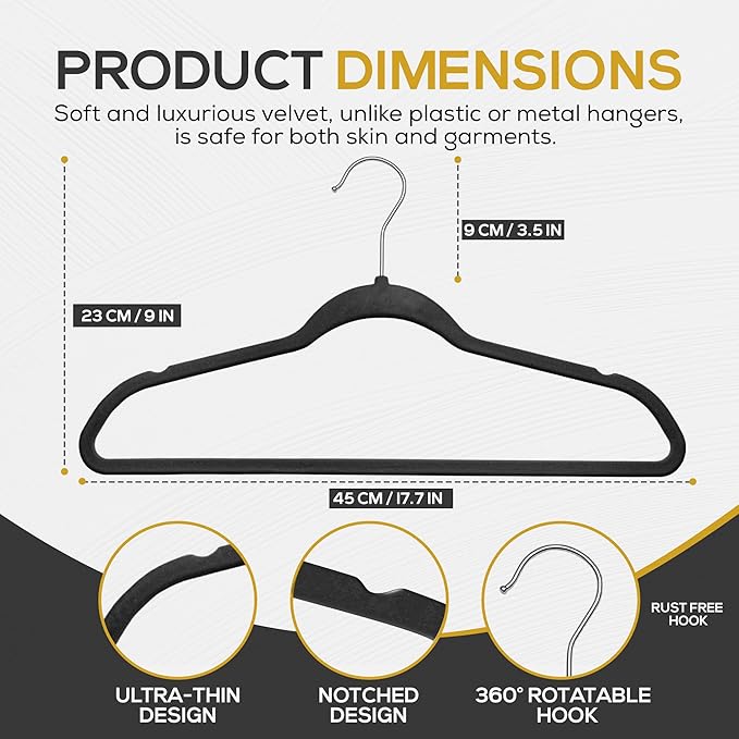 Techzoo Premium Velvet Hangers 30 Pack Ultra Thin Non Slip Adult Felt Space Saving Suit Hanger for Closet Heavy Duty Coat Pants Jackets Dress Hangers 360° Swivel Hook Hold Upto 10 lbs Black