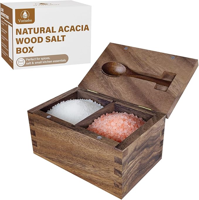 Large Capacity Acacia Wood Salt Container with Magnetic Flip Lid & Built-in Spoon, 20 OZ Kitchen Salt Holder, Elegant Salt Cellar Box to Storage Pepper, Herbs, Spice or Favorite Seasonings
