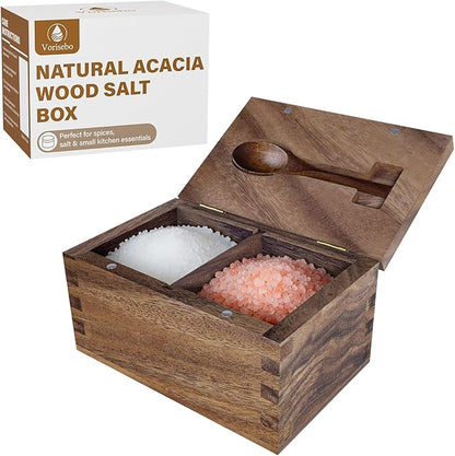 Large Capacity Acacia Wood Salt Container with Magnetic Flip Lid & Built-in Spoon, 20 OZ Kitchen Salt Holder, Elegant Salt Cellar Box to Storage Pepper, Herbs, Spice or Favorite Seasonings