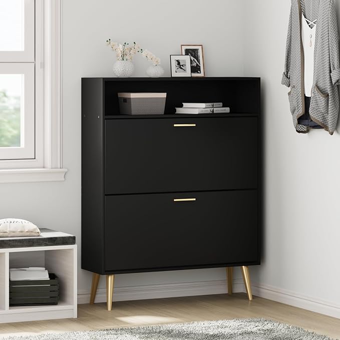 JOZZBY Shoe Cabinet Storage for Entryway, Freestanding Slim Shoe Organizer Cabinet with 2 Flip Drawers, Narrow Shoe Rack with Open Shelves for Hallway, Living Room, Black