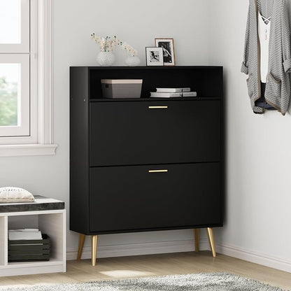 JOZZBY Shoe Cabinet Storage for Entryway, Freestanding Slim Shoe Organizer Cabinet with 2 Flip Drawers, Narrow Shoe Rack with Open Shelves for Hallway, Living Room, Black