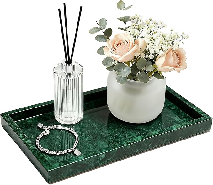 Pure Natural Marble Tray for Bathroom, Dresser, Sink. Cosmetics, toiletries, perfumes, Jewelry, Candles, etc. can be Placed (Jade Green, 12" x 8" x 1.2")