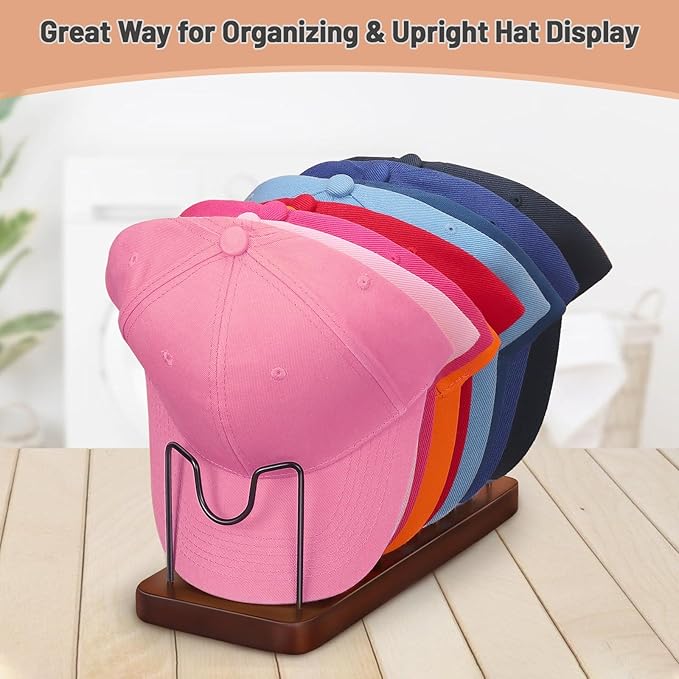 Hat Organizer for Baseball Caps, Hat Rack Stand for 20 Hats Wood Metal Hat Holder Storage Baseball Cap Organizer for Closet Dresser Desk (Brown, 2 Packs)