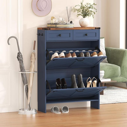 Shoe Storage Cabinet with 2 Flip Drawers & 2 Storage Drawers, Tall Narrow Slim Shoe Rack Organizer, Farmhouse Wood Hidden Shoe Cabinet for Entryway,Hallway, Blue