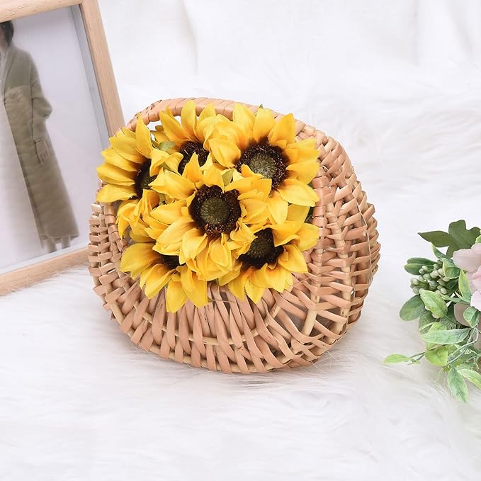 Fofetbfo 2PCS Half-moon Mini Straw Rattan Baskets, Hand-woven Flower Basket with Handle, Retro Storage Containers, Khaki