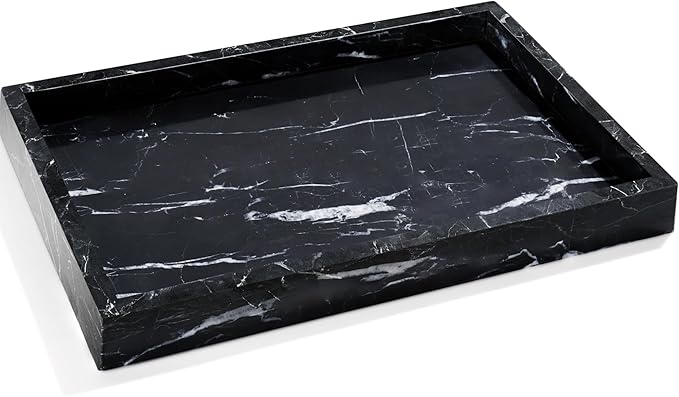 YMXYJM Real Natural Marble Tray for Bathroom, Genuine Marble Stone Vanity Tray, Luxury Storage Trays for Kitchen, Vanity, Home Decor, Dresser, Non-Resin/Non-Ceramic, 12"x 8"x 1.2", Black