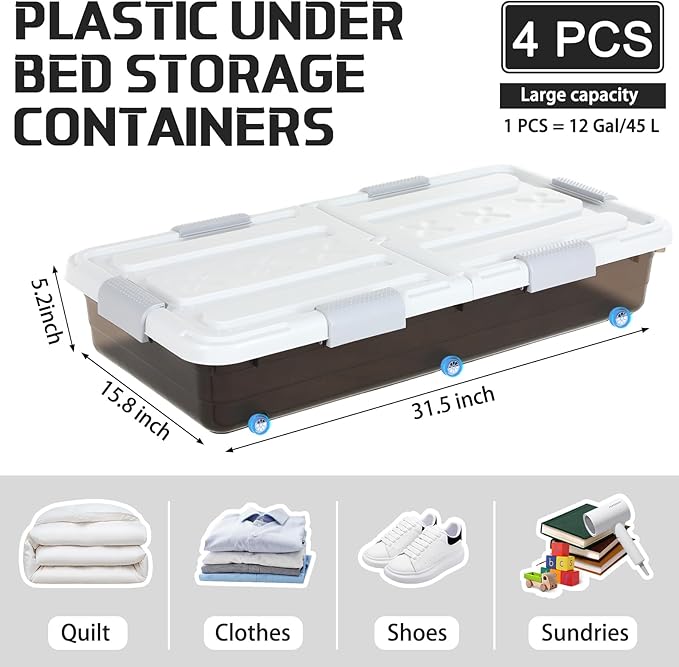 Beeveer 4 Pcs Plastic Under Bed Storage Container with Double Opening Lid Wheel Handle, Transparent Large Capacity Stackable Latching Festival Storage Bin for Closet Bedroom, 31.5x15.8x5.2 In(Brown)