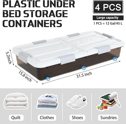 Beeveer 4 Pcs Plastic Under Bed Storage Container with Double Opening Lid Wheel Handle, Transparent Large Capacity Stackable Latching Festival Storage Bin for Closet Bedroom, 31.5x15.8x5.2 In(Brown)