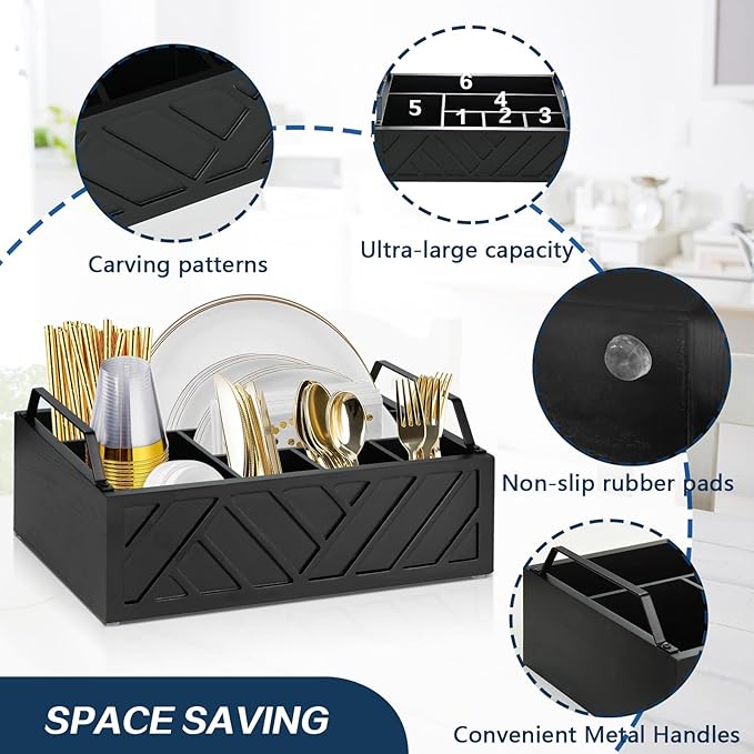 Ukonvi Paper Plate Dispenser and Holder for Kitchen Counter, Wood Rustic Silverware Utensil Caddy, Cutlery Flatware Organizer Box for Cups Spoons Forks Napkins, Kitchen Accessories